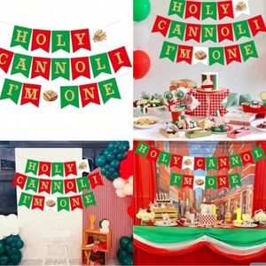 Red and Green 'Holy Cannoli I'm One' Banner & Italian Part Supplies